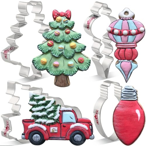 LILIAO Christmas Cookie Cutter Set, 4-pc, Pickup Truck with Christmas Tree, Christmas Tree, Light Bulb and Christmas Ornament Biscuit Fondant Cutters, Stainless Steel