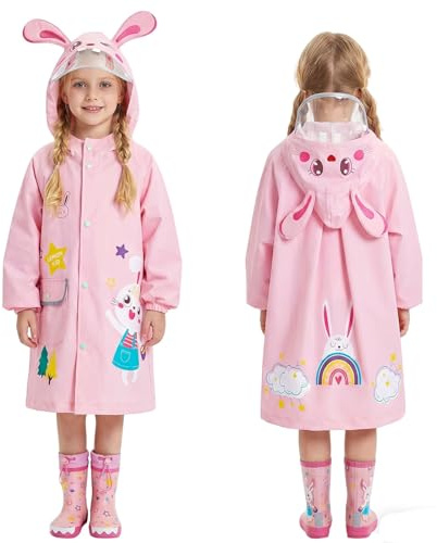 JinBei Chaqueta Impermeable para Niños Encapuchado Chubasquero Reutilizable Poncho Ligero Traje Capa de Lluvia,Lindo Impermeable de Dibujos Animados en 3D Rosa Conejo 3-4 Años