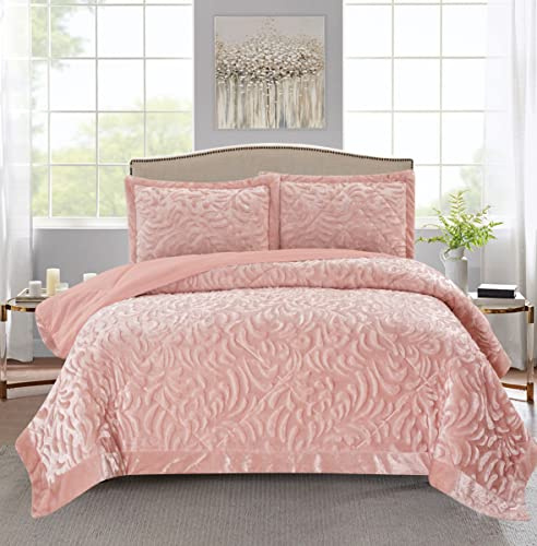PHP Luxurious Super King Size Bed Throws and Bedspreads Velvet Heavy Quilted Bedspread 3pcs with Hypoallergenic Pillow Set - Pink