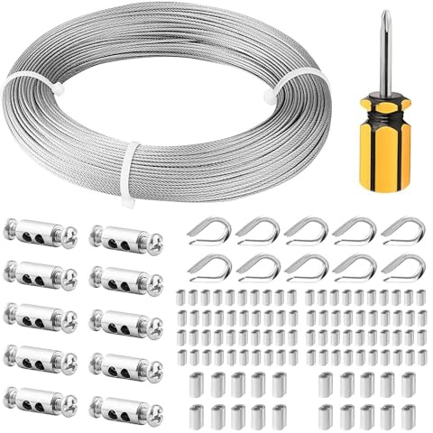 Fshihine 50M Garden Wire for Climbing Plants, 1.5mm Stainless Steel Cable with Wire Rope Clips & Thimbles for Garden Fence, Vine Eyes for Climbing Plants, Picture Hanging, String Light Hanging