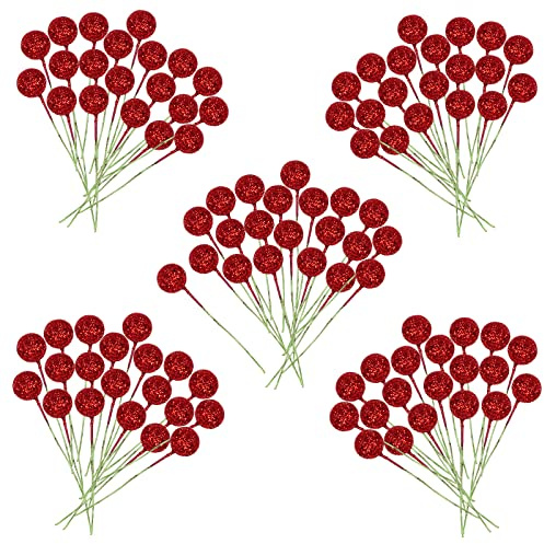 100 Pcs Christmas Holly Berries Artificial Glitter Red Holly Berries,Christmas Berries Red Berry Stems for Wreath Decorations Craft Christmas,Xmas Tree,Garland DIY Craft Wire Berries Party Decor