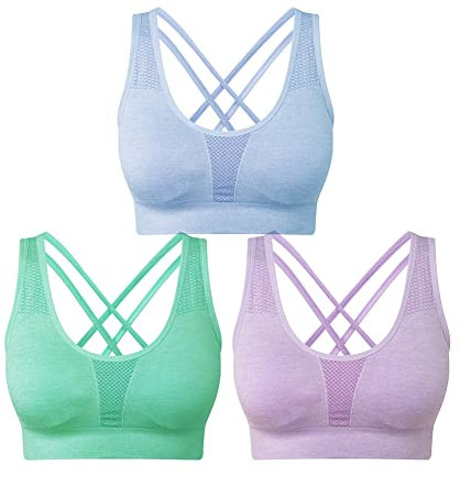 SEGRILA Reggiseni Sportivi da Donna, Confezione da 3 Reggiseni da Yoga Incrociati con Supporto Medio, Reggiseni da Allenamento con Cuscinetti Rimovibili, Blu, Viola e Verde, L