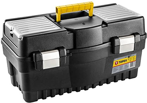 TOPEX Profi Werkzeugkasten 22 (54,7 x 27,1 x 27,8 cm) Organizer, Verschließbare Fächer, Alu-Klammern, Kunststoffgriff, Buckle, Lightweight Kunststoff Werkzeugbox mit Abnehmbarem Tablett