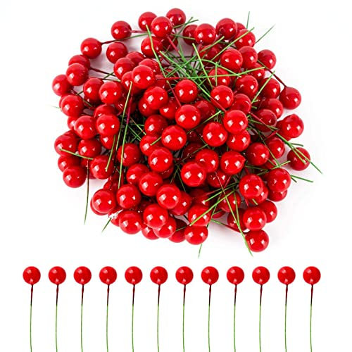 AWAVM 150 pezzi di mini palla decorativa di bacche rosse di Natale, frutta artificiale di Natale, ornamenti di ghirlanda di bacche di agrifoglio di Natale, ornamenti fatti a mano, ornamenti di festa
