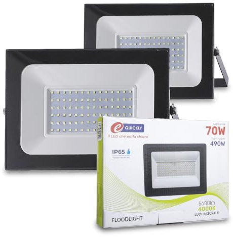 E-QUICKLY faretti LED da esterno - 70W, potente proiettore da 5600 lumen, faretto led da esterno con luce bianca naturale 4000K, faro LED grado di impermeabilità IP65, faretti da giardino 220V, 2 PZ