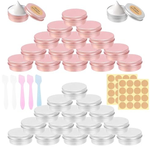 CAUTIOUS 30PCS Pots en Aluminium de 15ml, Pots de Contenants Cosmétiques Vides avec Spatule Maquillage et Autocollants d'Étiquettes pour Échantillon, Baume à Lèvres, Bougies