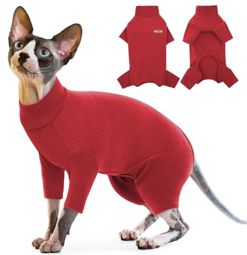 Chaleco Polar para Gatos, Chaqueta de Invierno para Sphynx Suave Fleece Pullover Caliente Otoño-Invierno Traje de Recuperación (Rojo, L)