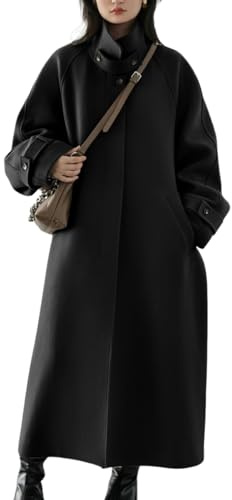 chouyatou Women's Winter Hidden Single Breasted Wool Coat Raglan Sleeve Business Long Wool Overcoat (X-Large, Black)