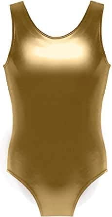 BODYWEAR LTD Womens Sleeveless Leotard Metallic Sport Dance Gymnastics Ballet Wet Look Shinny Party Disco or Dance Costume (Gold, S-M)