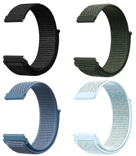 JSTHHTT 4 Pcs 22mm/20mm Quick Release Elastic Nylon Watch Straps (20mm Light Cyan, Cape Blue, Military Green, Black)