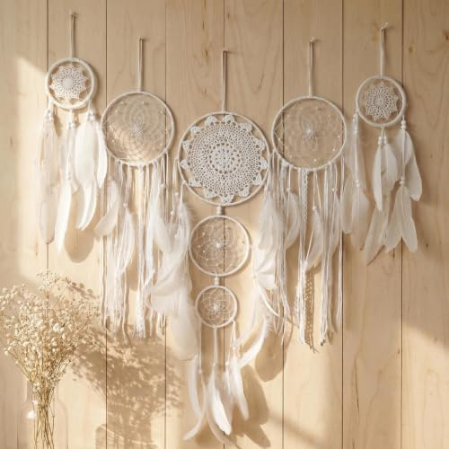 Remorlet 5 Pack Moon Phase Dreamcatcher Set Boho Wall Decor, Boho Macrame Wall Hanging Dream Catchers, for Home, Bedroom, Living Room, Witchy Gifts (White)