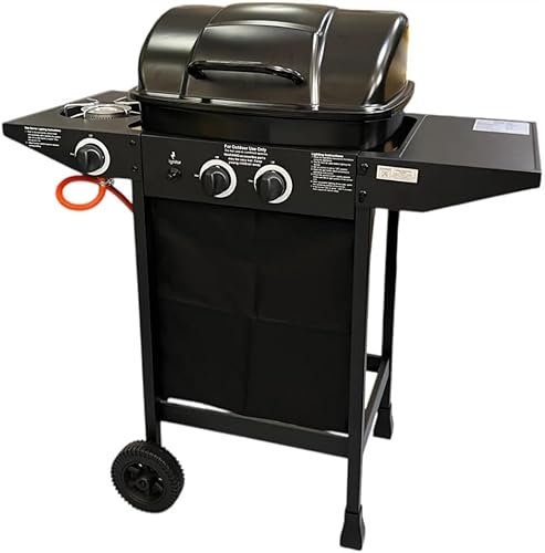 Barbecue a Gas con 2 Fuochi, Piano Laterale e Fornello, Griglia in Acciaio, a Pietra Lavica e Ruote per Trasporto Ideale per Giardino e Terrazzo