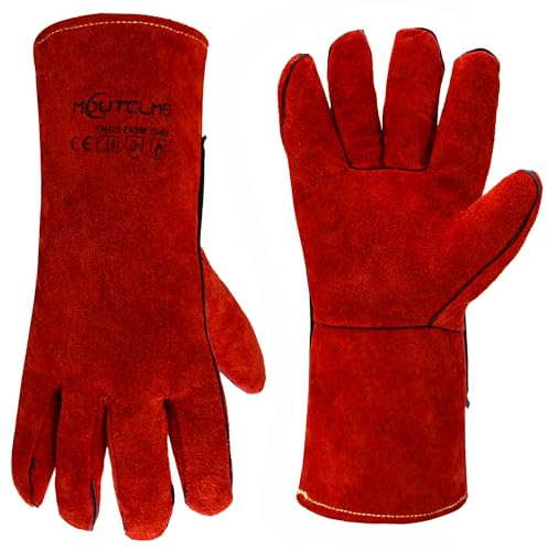 MOUTCLMB 14 Inch Welding Gloves with Soft Fleece Lined Palm, 932℉ Heat/Fire Resistant Leather For Mig,Tig,Stick,BBQ,Fireplace (Red, 14.4in)