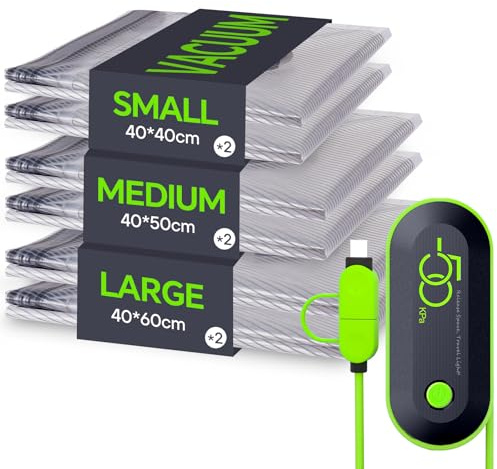 Vacbird Sacchetti Sottovuoto Vestiti Viaggio con Pompa USB, Set di 6 Buste Sottovuoto Vestiti Riutilizzabili Durata- Essenziali per Viaggio Salvaspazio