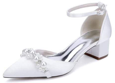HFWXYSA Donna Tacco Largo Décolleté da Sposa con Cinturino alla Caviglia in Raso Punta Chiusa Scarpe da Matrimonio con Perlas,Bianca,39 EU