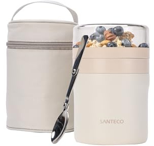 SANTECO Gobelet à céréales à emporter 500 ml + 220 ml, récipient isotherme pour nourriture, avec cuillère, garde au chaud pendant 12 heures, passe au lave-vaisselle, sans BPA, pot à déjeuner pratique