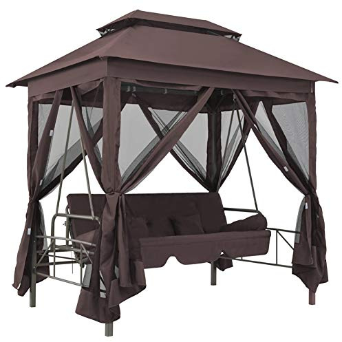 Banc à bascule avec cadre en acier revêtu par pulvérisation et baldaquin, robuste et durable, convertible en lit, refuge privé, moustiquaire, coussin inclus, (café)