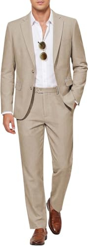 MAGE MALE Men's 2 Piece Linen Suits Casual Lightweight Blazer Jackets and Pants for Wedding Business Prom Khaki