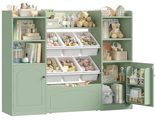 FOREHILL Libreria Montessoriana per Bambini, Porta Giochi Bambini a 6 Scatole, Organizer Giocattoli a Ripiani Regolabile, 7 Scomparti Aperti, per Cameretta e Sale Giochi, 140,5x33x108,2 cm (Verde)