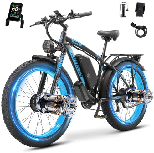 Dual Motor Electric Mountain Bike for Adults, 52V 32AH Up to 160KM Long Range E Bike, Dual Hydraulic Brakes, 26 Fat Tire 21-Speed Electric Bicycle for Off-Road, Commute, Cargo (Black and Blue)