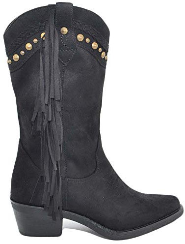 Stivali Donna camperos Texani Neri con Frange e Borchie in camoscio Stile Western a Punta Altezza Polpaccio con Zip (39 EU)
