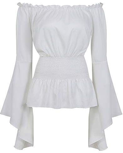 Grebrafan Steampunk Blusa Mujer Tops Elegante Medieval con Manga Larga Acampanada sin Hombro(EUR(32-34) S, Blanco)