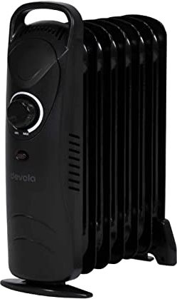 Devola 600W 7 Fin Mini Oil Filled Radiator, Free Standing Low Energy Electric Heater with Thermal Fuse for Overheat Cut Off, IP20, Power Indicator Light, Adjustable Heating Dial - DVMOR7F06B (Black)