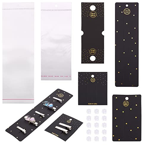 PandaHall 80 fermagli per capelli rettangolari per capelli in cartone nero con 200 dadi per orecchie e 80 sacchetti autosigillanti per fermagli per capelli accessori display