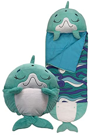 Happy Nappers Saco de Dormir para niños, diseño de delfín de Discoteca, Juguete de Peluche, cómodo Saco de Dormir y Almohada esponjosa, Todo en uno, Bonito Regalo de cumpleaños, Ideal para Jugar,