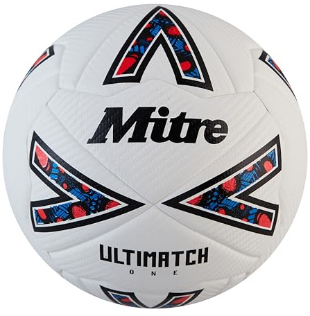 Mitre Ultimatch Football, Enhanced Control, Extra Durability, Added Accuracy, Ball, White/Black/Bib Red, 3