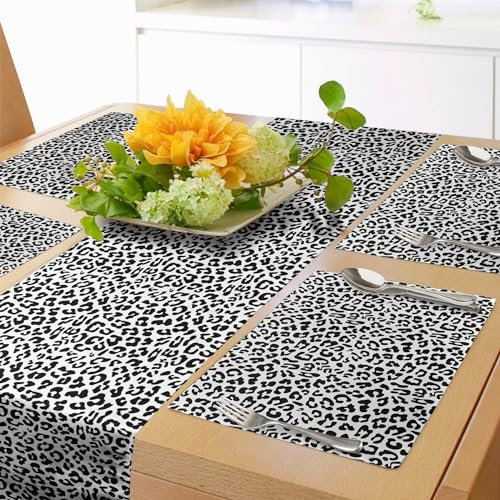 ABAKUHAUS Leoparden Druck Tischläufer & 4 Stück Tischsets, Monochromer grafischer Stil wildes Dschungeltier abstrakte Hautflecken, Set für die Tischdekoration, 180 cm x 30 cm, Weiß Schwarz