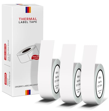 ORGBRO Etiqueta Térmica Para Etiquetadora, 3 Rollos Etiquetas Adhesivas Personalizadas 0.59×275.6(15mm×7m) Etiquetas Continuo, Pegatinas Autoadhesivas para Oficina y Hogar, Blanco