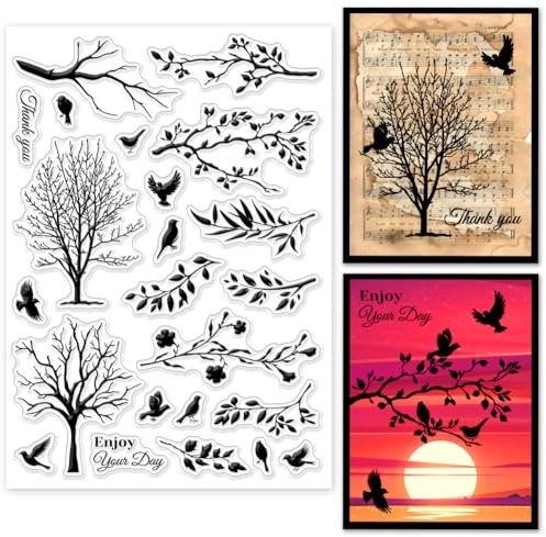 GLOBLELAND 5.83x8.27 Zoll Baum Vogel Transparente Silikonstempel Äste Klare Stamps Baum Blumen Silikonstempel Für Kartengestaltung DIY Prägung Journaling