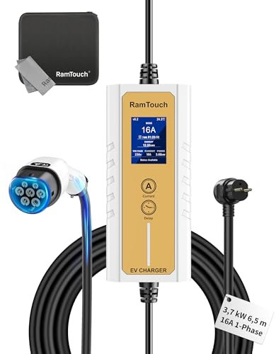 RamTouch Caricatore Auto Elettriche (3,7 kW, 6,5 m, Tipo 2, Schuko) - Cavo Ricarica Auto Elettrica con Corrente Regolabile 6A-16A, Ricarica Ritardata/Programmata, Wallbox Portatile per EV e PHEV