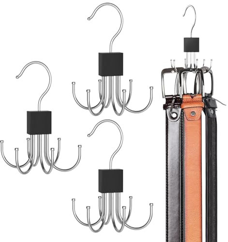 GmeDhc 3 Stück Gürtelhalter Kleiderschrank, Gürtelaufhänger mit 6 Häkchen, gürtelbügel aus Metall Holz, Gürtel Aufbewahrung, für Krawatten, Schals, Hüte