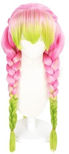 XIEXIESHER Mitsuri Kanroji Cosplay Wig, Longitud 80cm, Trenzada Larga Rosa Degradado Verde con Coletas Dobles, cosplay peluca Mitsuri, para Fiesta de Halloween(Circunferencia de la cabeza 50-60cm)