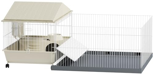 PawHut Jaula para Animales Pequeños con Corral Desmontable Jaula para Roedores con Ruedas Rampas Cuenco Botella de Agua y Dispensador de Heno 108x71x57 cm Beige