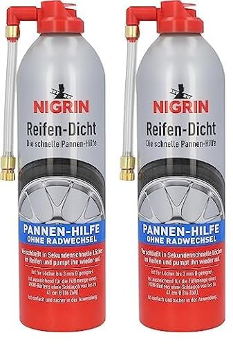 NIGRIN Reifendicht, 500 ml, sofortige Pannenhilfe, Reifendichtmittel repariert Löcher im Reifen im Handumdrehen ohne Montage, Rot,Weiß (Packung mit 2)