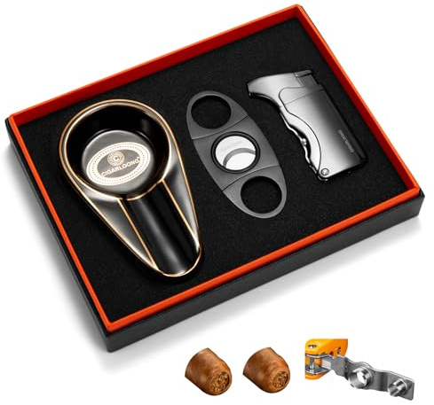 CLZOONG Cigar Cutter Lighter Ashtray Set Portable, Cigar Cutter Stainless Steel,Ceramic Ashtray, Torch Lighter Single Jet Flame Refillable Butane with Punch Gift Box for Patio/Outdoor/Indoor (Black)