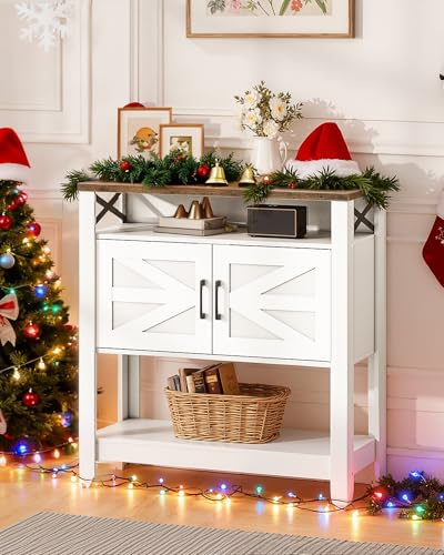 CHOEZON Vintage Console Table, Farmhouse Sofa Table with Power Outlet, Entry Table with Cabinet and Open Storage Shelves, Sideboard Cabinet for Entrance, Hallway, Kitchen, White and Walnut DMXG01KWL