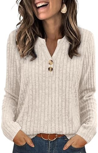 Aokosor Ladies V Neck Jumpers UK- Long Sleeve Tops for Women Ladies Button Lightweight Tunic Beige Size 18-20