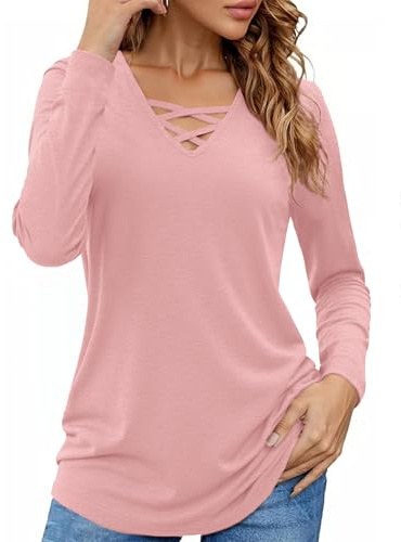 Totatuit Maglietta Donna Maniche Lunghe con Scollo a V Incrociato Top Casual Morbido T-Shirt Donna Primavera Autunno Basic da Tuttii Giorni