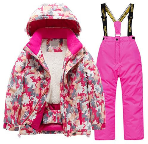 Set invernale per ragazzi e ragazzi, con pantaloni e cappottini invernali da snowboard e pioggia, per ragazze e ragazzi, con pantaloni della tuta e giacca (4-6 anni), rosa acceso