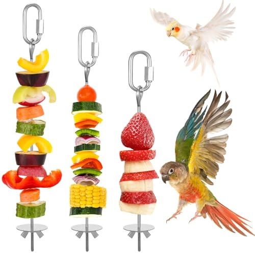 Xinjoduz 3 spiedini per uccelli in acciaio inox, per pappagalli, per frutta, verdura, giocattolo per uccelli, pappagalli, pappagalli, porta frutta