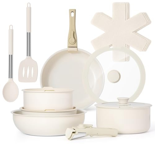VonShef 17pc Pots and Pans Set, Non-Stick Frying Pans, Saucepans, Protectors & Lids, Non-Toxic Ceramic Lined w/Detachable Handles, Oven-Safe & Easy Clean, PFAS PTFE PFOA Lead & Cadmium Free