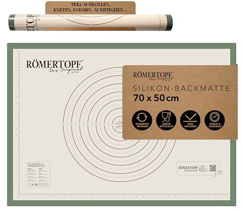Römerkruka bakmatta 70 x 50,5 cm av silikon – bakunderlägg med dimensionsspecifikationer, baktidsbord och degcirklar, non-stick, värmebeständig upp till 250 °C, diskmaskinssäker, återanvändbar