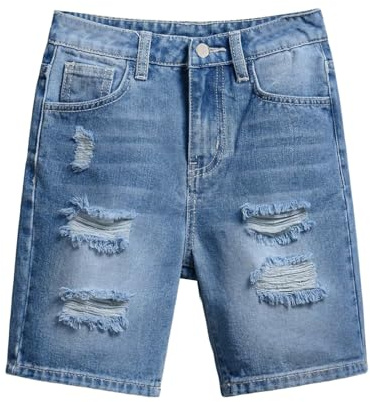 Short Jean déchiré garçon Style Y2K Coupe Droite détendue, équipé de Poches fonctionnelles, vêtement Sportif et décontracté pour Les activités des Enfants en Saison Chaude(Light Blue, 11-12 Years)