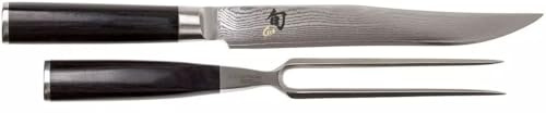 KAI Set de trinchar Shun Classic japonés - Cuchillo de trinchar de 20 cm de longitud de hoja Damasco 32 capas con núcleo VG MAX - 61 HRC - Tenedor de trinchar con puntas de 16,5 cm de acero inoxidable