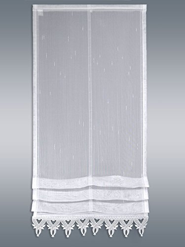 Raffrollo Anna | 140 x 62 cm |wahlweise 2 oder 3 Falten weiß mit Spitze inkl. 2 glasklaren Stäben und 6 Raffhaken