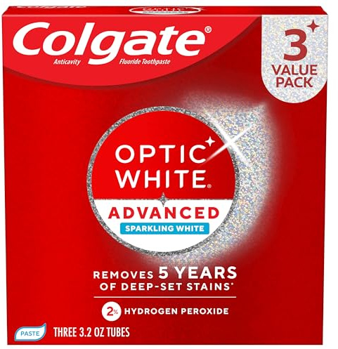 Colgate Optic White Advanced Hydrogen Peroxide Toothpaste, Teeth Whitening Toothpaste Pack, Enamel-Safe Formula, Helps Remove Tea, Coffee, and Wine Stains, Sparkling White, 3 Pack, 3.2 oz